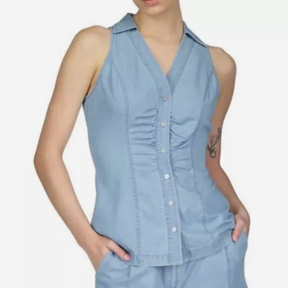 NEW Michael Kors Womens XS Button-Front Collared Skyblue was Tank Top - Picture 1 of 9